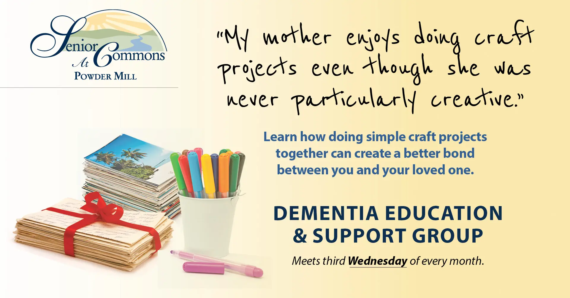 Dementia support group flyer featuring colorful craft supplies