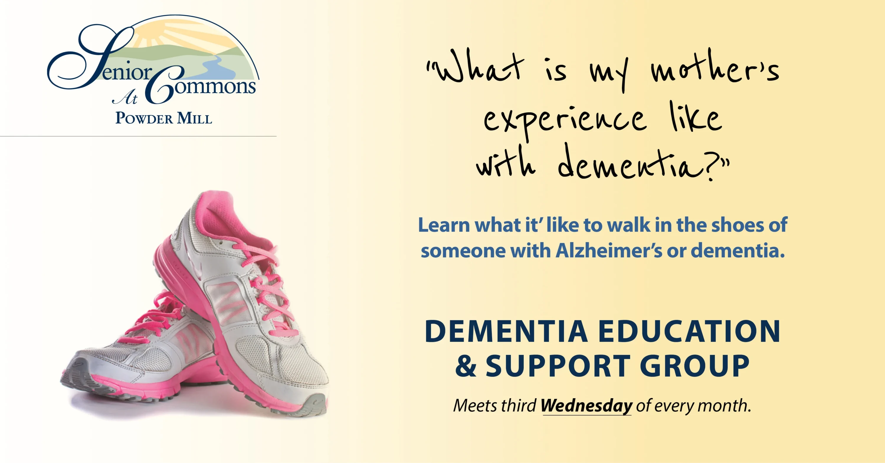 Pink and gray sneakers beside dementia support flyer